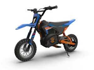 Crossmotor Blauw-Oranje | 24 Volt | Elektrische Kinder Motor Met Geveerde Wielen